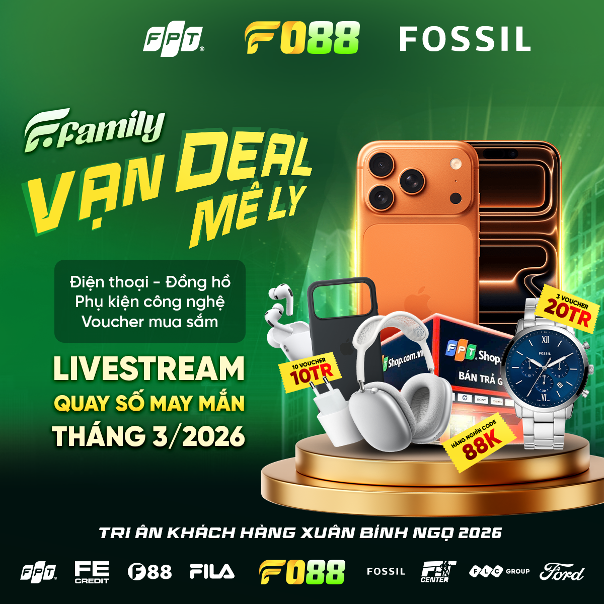 “F FAMILY” - CHUỖI TRI ÂN 8 TỶ ĐỒNG TỪ FO88: XE FORD RAPTOR, IPHONE 17 VÀ HÀNG TRĂM QUÀ KHỦNG 4 Hình ảnh giải thưởng iPhone 17 Pro Max 1TB trị giá 60 triệu đồng và loạt các voucher quà tặng khác từ FPT Shop & Fossil trong chương trình "F Family - Vạn Deal Mê Ly" được đăng tải trên trang Facebook chính thức của FO88.